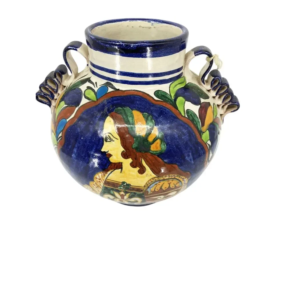 Talavera Vase Hand Painted Woman Pottery Jug Signed Venegas Mexico